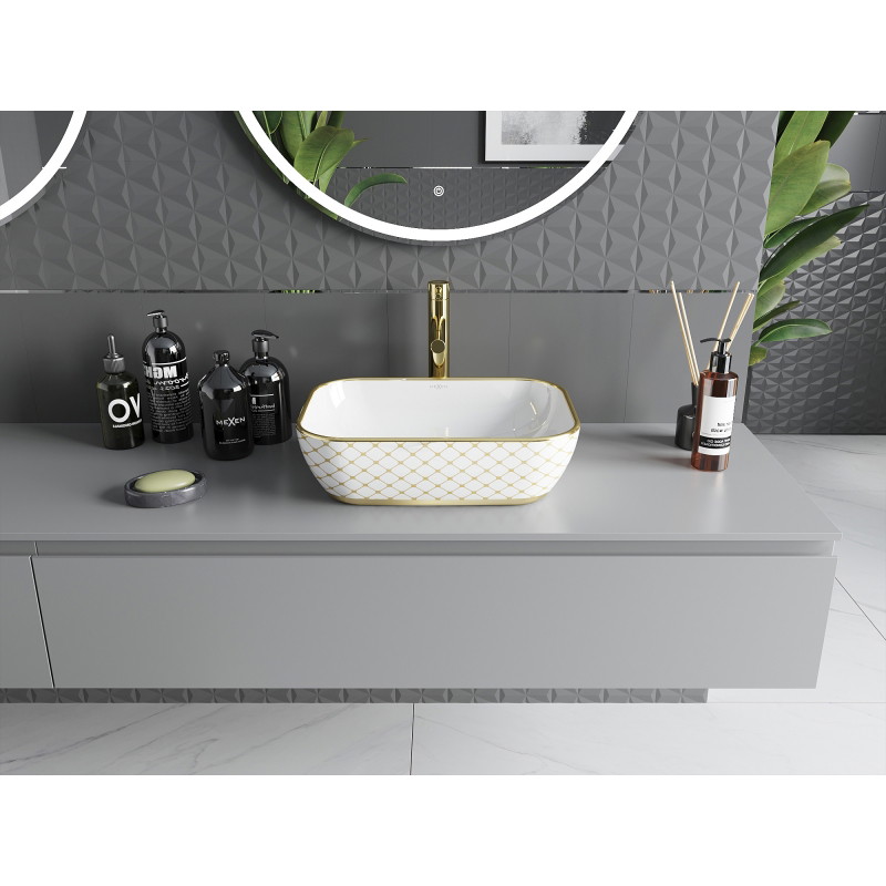 Mexen Rita countertop washbasin 45 x 32 cm, white/gold plaid pattern - 21084509