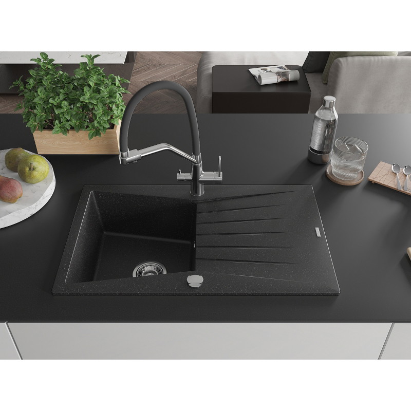 Mexen Cesar granite kitchen sink single-bowl with drainer and kitchen faucet Duo, black/silver metallic - 6514-73-671701-07