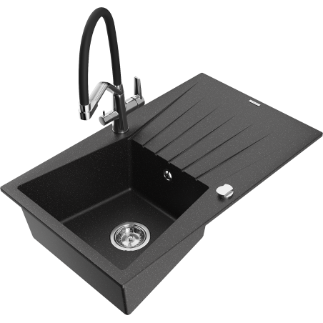 Mexen Cesar granite kitchen sink single-bowl with drainer and kitchen faucet Duo, black/silver metallic - 6514-73-671701-07