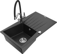 Mexen Cesar granite kitchen sink single-bowl with drainer and kitchen faucet Duo, black/silver metallic - 6514-73-671701-07