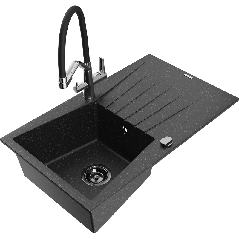 Mexen Cesar 1-bowl granite sink with drainer and Duo kitchen tap, black/silver metallic - 6514-73-671701-07-B