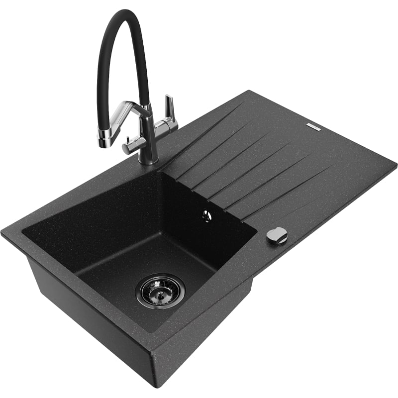 Mexen Cesar granite single-bowl sink with drainer and Duo kitchen faucet, black/silver metallic - 6514-73-671701-07-B