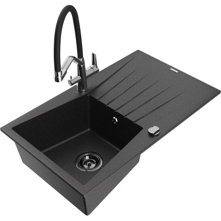 Mexen Cesar granite kitchen sink 1-bowl with drainer and Duo kitchen faucet, black/silver metallic - 6514-73-671701-07-B