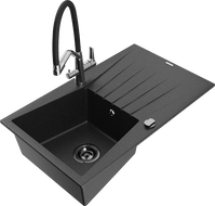 Mexen Cesar granite single-bowl sink with drainer and Duo kitchen faucet, black/silver metallic - 6514-73-671701-07-B