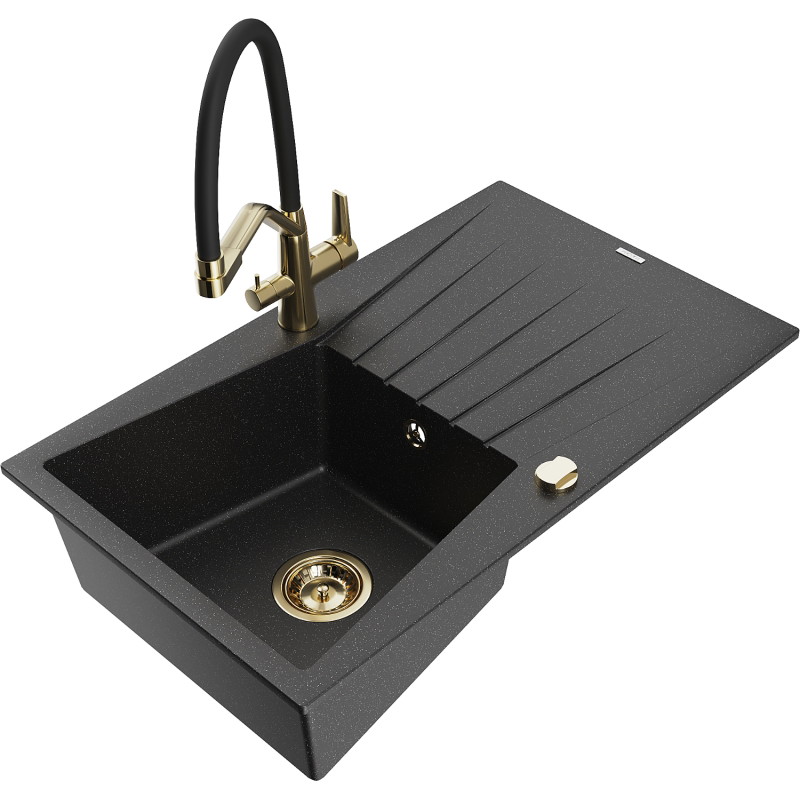 Mexen Cesar 1-bowl granite sink with drainer and Duo kitchen faucet, black/silver metallic - 6514-73-671701-57-G