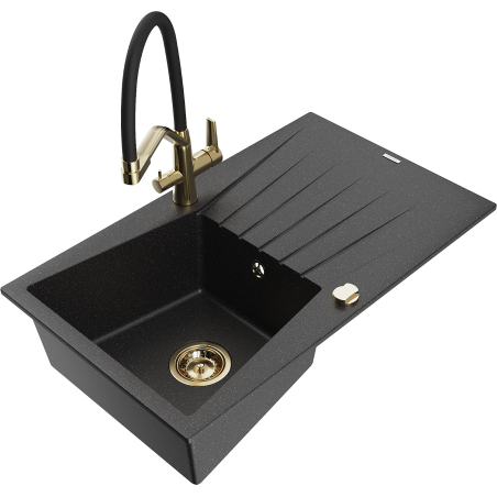 Mexen Cesar 1-bowl granite sink with drainer and Duo kitchen faucet, black/silver metallic - 6514-73-671701-57-G