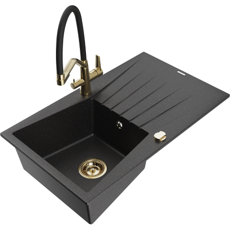 Mexen Cesar granite kitchen sink 1-bowl with drainer and Duo kitchen faucet, black/silver metallic - 6514-73-671701-57-G