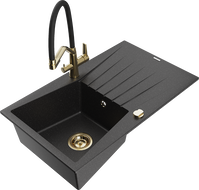 Mexen Cesar granite sink 1-bowl with drainer and Duo kitchen tap, black/silver metallic - 6514-73-671701-57-G