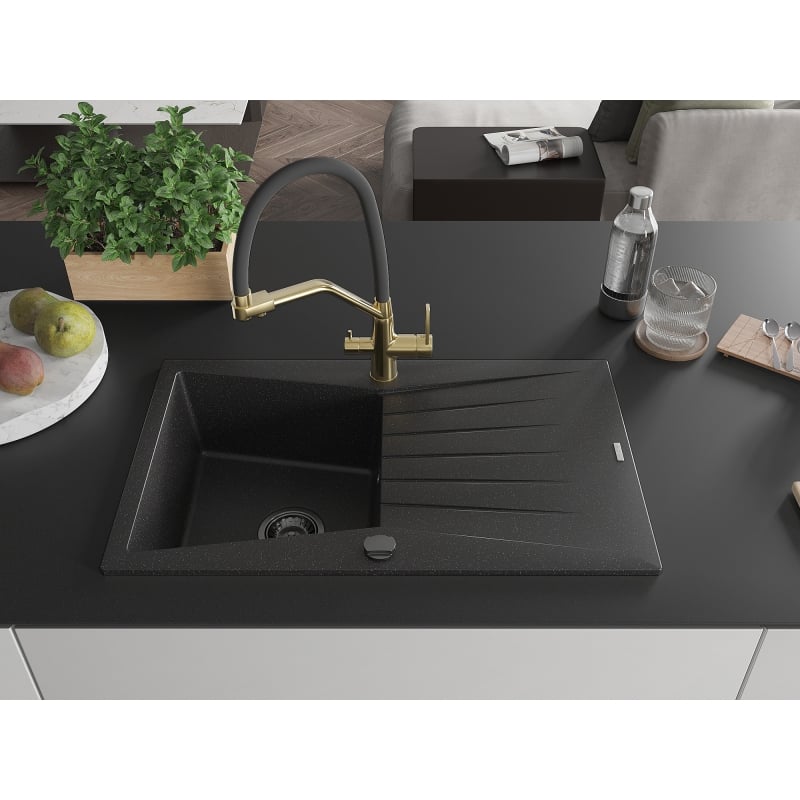 Mexen Cesar 1-Bowl Granite Sink with Drainer and Duo Kitchen Faucet, Black/Silver Metallic - 6514-73-671701-57-B