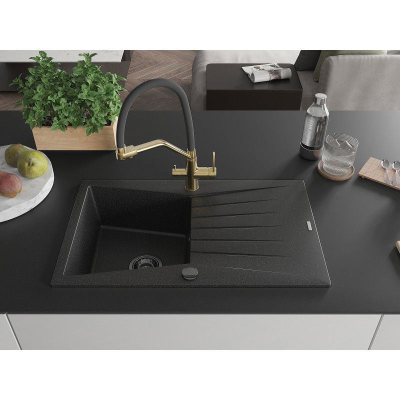 Mexen Cesar granite kitchen sink 1-bowl with drainer and Duo kitchen tap, black/silver metallic - 6514-73-671701-57-B