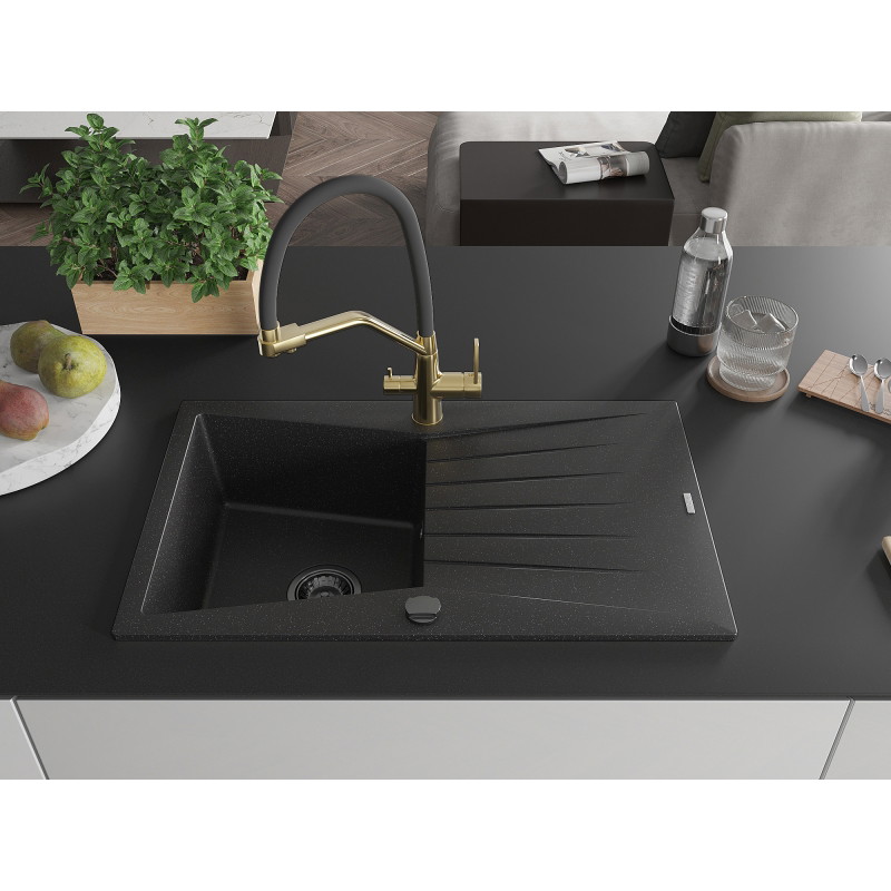 Mexen Cesar granite sink 1-bowl with drainer and Duo kitchen faucet, black/silver metallic - 6514-73-671701-57-B