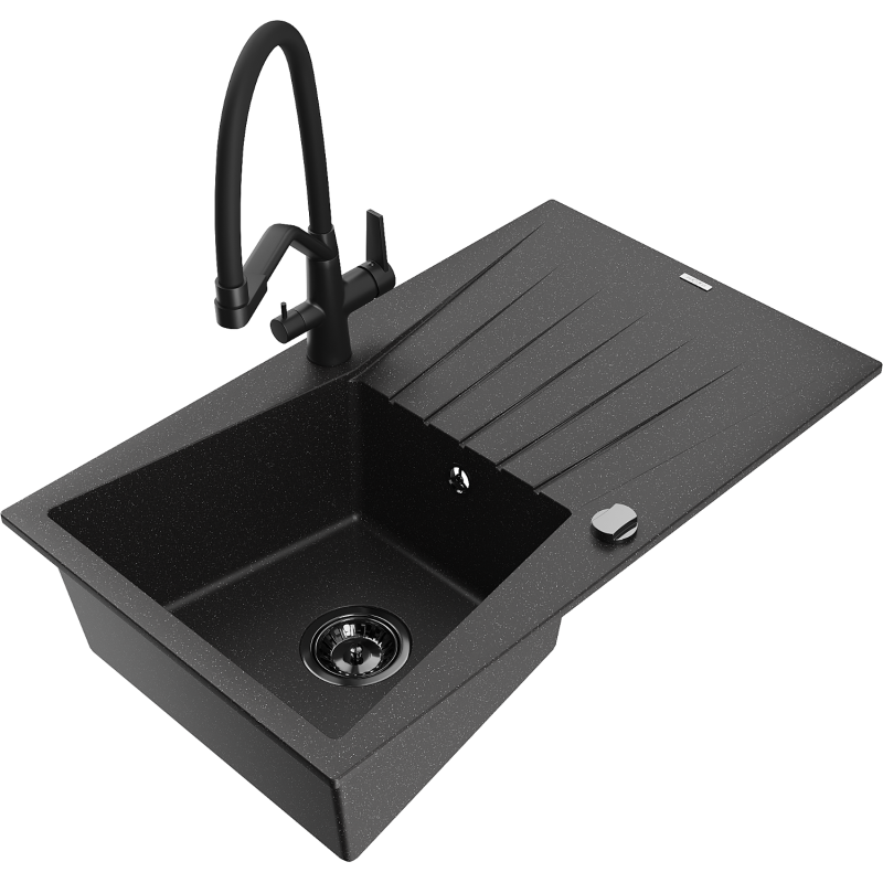 Mexen Cesar 1-compartment granite sink with a drip tray and kitchen mixer tap Duo, Black/ silver metallic - 6514-73-671701-70-B