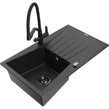 Mexen Cesar granite kitchen sink with one bowl, drainer, and Duo kitchen faucet, black/silver metallic - 6514-73-671701-70-B