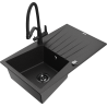 Mexen Cesar granite kitchen sink with one bowl, drainer, and Duo kitchen faucet, black/silver metallic - 6514-73-671701-70-B