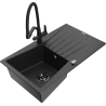 Mexen Cesar granite single-bowl sink with drainer and Duo kitchen faucet, black/silver metallic - 6514-73-671701-70-B