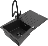 Mexen Cesar granite kitchen sink with one bowl, drainer, and Duo kitchen faucet, black/silver metallic - 6514-73-671701-70-B