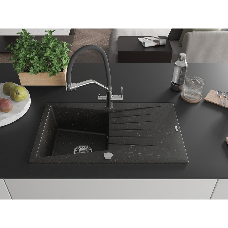 Mexen Cesar 1-bowl Granite Sink with Drainer and Duo Kitchen Faucet, Black/Gold Metallic - 6514-75-671701-07