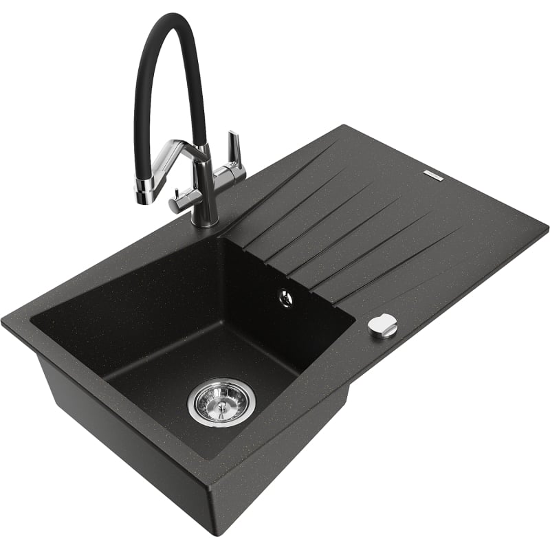 Mexen Cesar 1-bowl Granite Sink with Drainer and Duo Kitchen Faucet, Black/Gold Metallic - 6514-75-671701-07