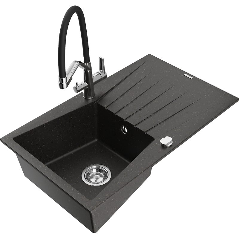 Mexen Cesar 1-compartment granite sink with a drip tray and kitchen mixer tap Duo, Black/ gold metallic - 6514-75-671701-07