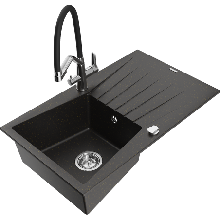 Mexen Cesar 1-compartment granite sink with a drip tray and kitchen mixer tap Duo, Black/ gold metallic - 6514-75-671701-07