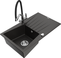 Mexen Cesar 1-compartment granite sink with a drip tray and kitchen mixer tap Duo, Black/ gold metallic - 6514-75-671701-07