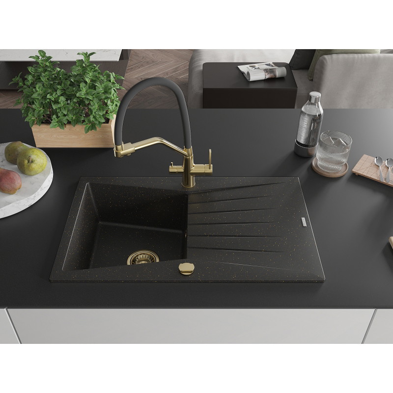 Mexen Cesar granite sink 1-bowl with drainer and kitchen faucet Duo, black/gold metallic - 6514-75-671701-57-G