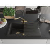 Mexen Cesar granite sink 1-bowl with drainer and kitchen faucet Duo, black/gold metallic - 6514-75-671701-57-G