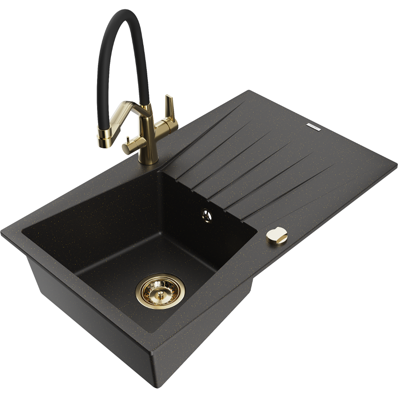 Mexen Cesar 1-bowl granite kitchen sink with drainer and Duo tap, black/gold metallic - 6514-75-671701-57-G