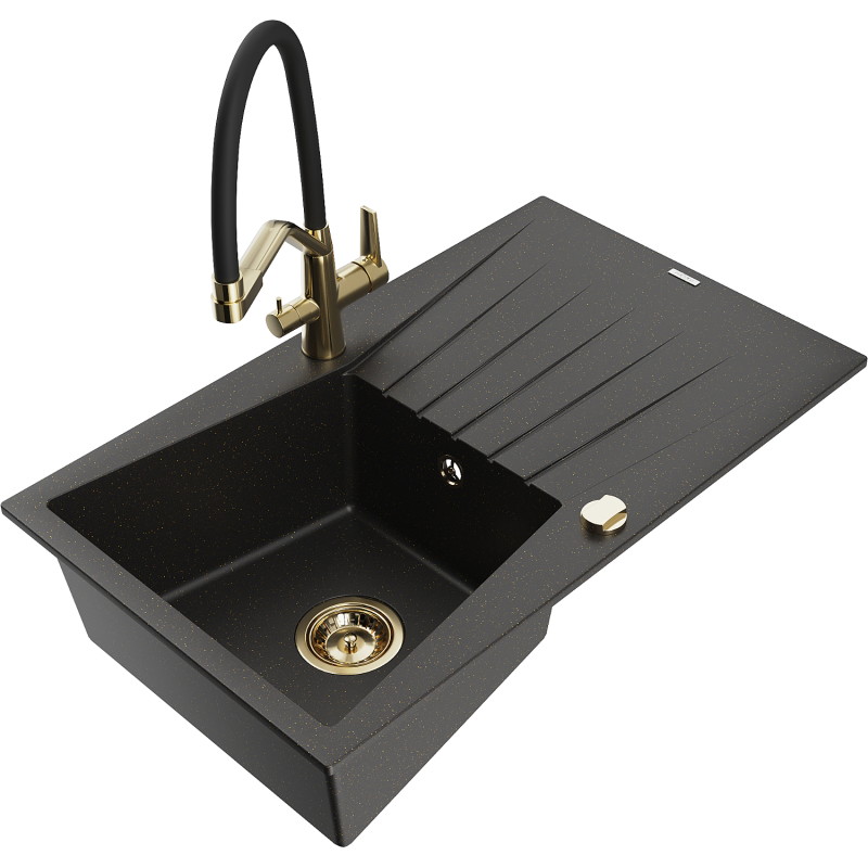 Mexen Cesar granite sink 1-bowl with drainer and kitchen faucet Duo, black/gold metallic - 6514-75-671701-57-G