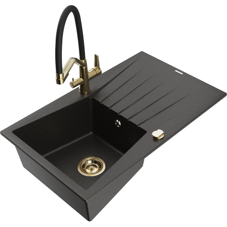 Mexen Cesar granite kitchen sink 1-bowl with drainer and Duo kitchen faucet, black/gold metallic - 6514-75-671701-57-G