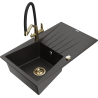 Mexen Cesar granite sink 1-bowl with drainer and kitchen faucet Duo, black/gold metallic - 6514-75-671701-57-G