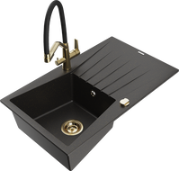 Mexen Cesar granite kitchen sink 1-bowl with drainer and Duo kitchen faucet, black/gold metallic - 6514-75-671701-57-G