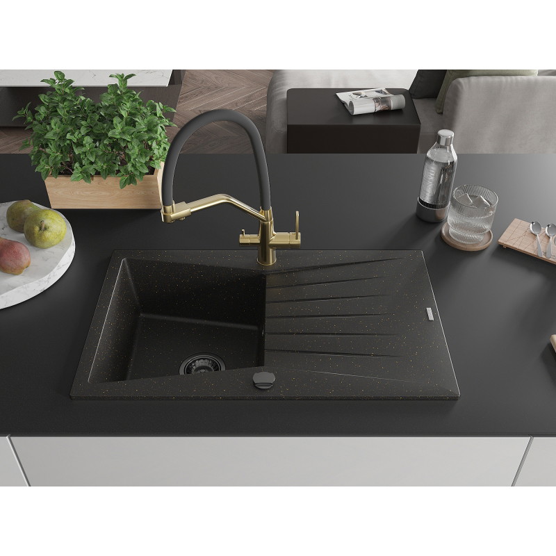 Mexen Cesar 1-bowl granite sink with drainer and Duo kitchen faucet, black/gold metallic - 6514-75-671701-57-B