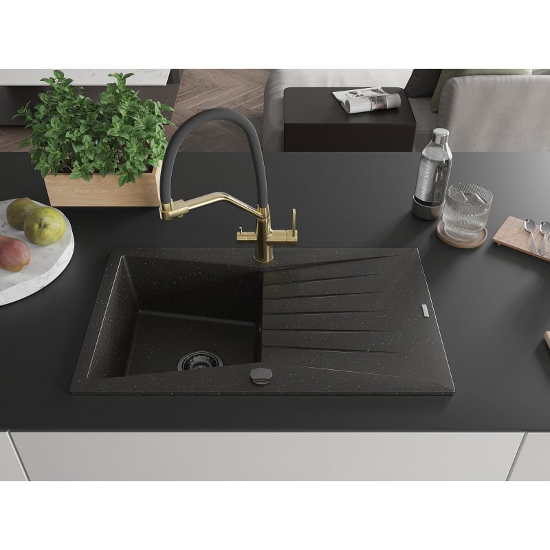Mexen Cesar granite kitchen sink 1-bowl with drainer and Duo kitchen faucet, black/gold metallic - 6514-75-671701-57-B