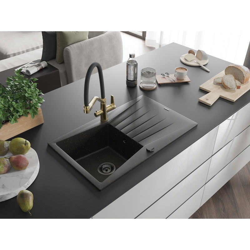 Mexen Cesar 1-bowl granite sink with drainer and Duo kitchen tap, black/gold metallic - 6514-75-671701-57-B