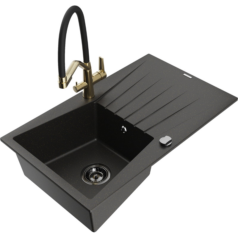 Mexen Cesar 1-bowl granite sink with drainer and Duo kitchen faucet, black/gold metallic - 6514-75-671701-57-B