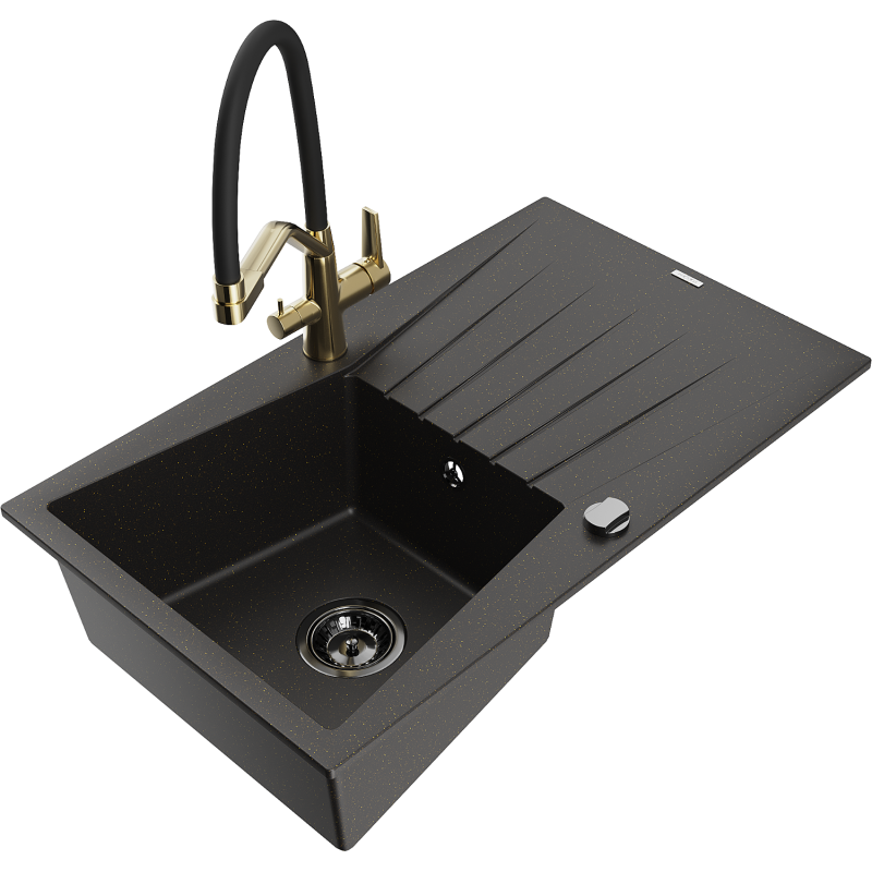 Mexen Cesar 1-bowl granite sink with drainer and Duo kitchen tap, black/gold metallic - 6514-75-671701-57-B