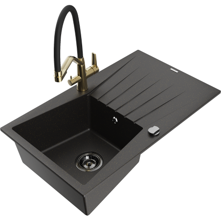 Mexen Cesar 1-bowl granite sink with drainer and Duo kitchen faucet, black/gold metallic - 6514-75-671701-57-B