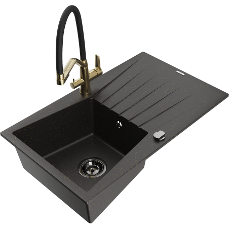 Mexen Cesar granite kitchen sink 1-bowl with drainer and Duo kitchen faucet, black/gold metallic - 6514-75-671701-57-B