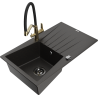 Mexen Cesar 1-bowl granite sink with drainer and Duo kitchen faucet, black/gold metallic - 6514-75-671701-57-B