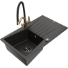 Mexen Cesar granite kitchen sink 1-bowl with drainer and Duo kitchen faucet, black/gold metallic - 6514-75-671701-57-B