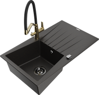 Mexen Cesar 1-bowl granite sink with drainer and Duo kitchen faucet, black/gold metallic - 6514-75-671701-57-B