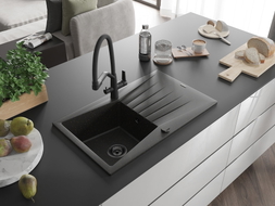 Mexen Cesar granite sink 1-bowl with drainer and Duo kitchen faucet, black/gold metallic - 6514-75-671701-70-B