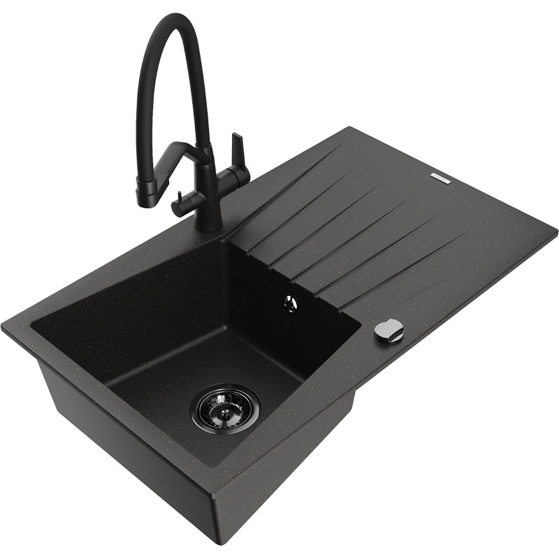 Mexen Cesar granite sink 1-bowl with drainer and Duo kitchen faucet, black/gold metallic - 6514-75-671701-70-B