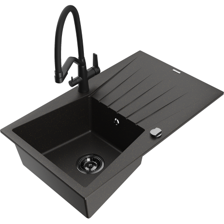 Mexen Cesar 1-bowl granite sink with drainer and kitchen faucet Duo, black/gold metallic - 6514-75-671701-70-B