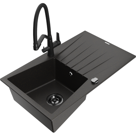 Mexen Cesar 1-compartment granite sink with a drip tray and kitchen mixer tap Duo, Black/ gold metallic - 6514-75-671701-70-B