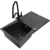 Mexen Cesar granite sink 1-bowl with drainer and Duo kitchen faucet, black/gold metallic - 6514-75-671701-70-B