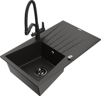 Mexen Cesar granite sink 1-bowl with drainer and Duo kitchen faucet, black/gold metallic - 6514-75-671701-70-B