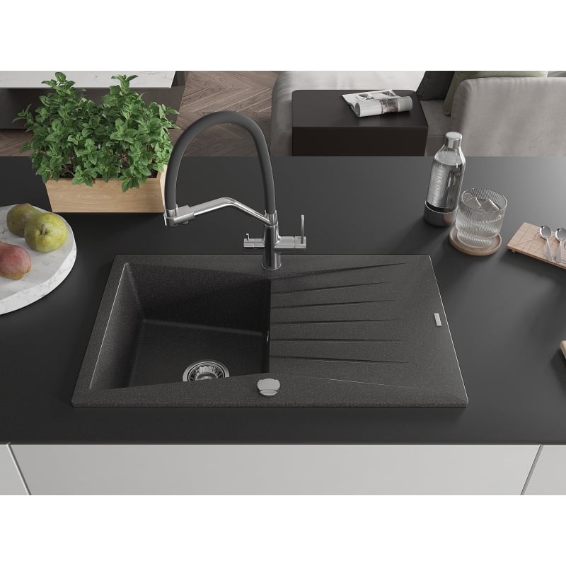 Mexen Cesar granite kitchen sink 1-bowl with drainer and Duo kitchen faucet, speckled black - 6514-76-671701-07