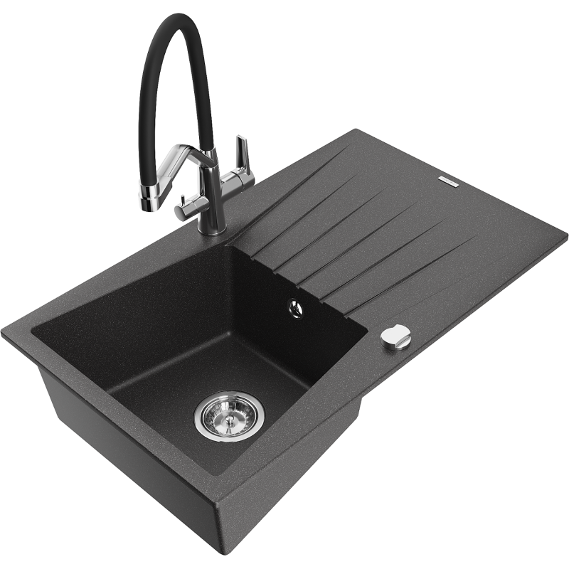 Mexen Cesar 1-compartment granite sink with a drip tray and kitchen mixer tap Duo, Spotted black - 6514-76-671701-07
